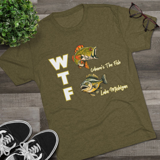 WTF-Lake Michigan-Unisex Tri-Blend Crew Tee with fish graphic on olive green fabric.