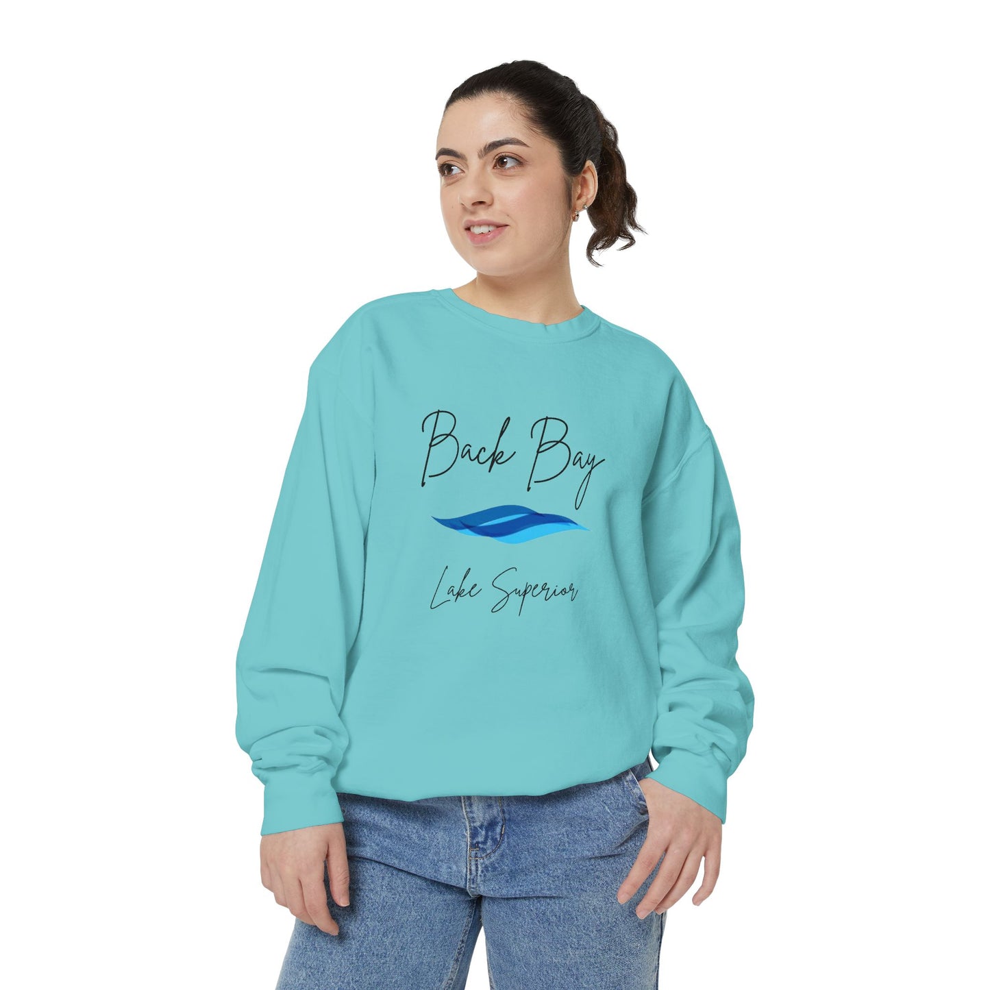 Aria's Back Bay-Lake Superior-Black Writing Cursive-Luxurious Unisex Sweatshirt