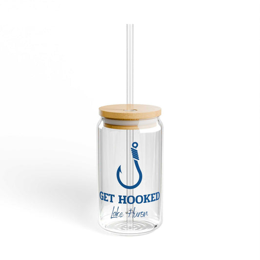 16oz sipper glass with 'Get Hooked' Lake Huron design, vibrant colors, Tritan straw, durable glass.