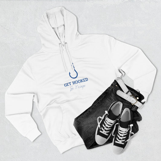 Three-panel fleece hoodie with "Get Hooked-Lake Michigan" design, featuring cozy double-stitched fabric.