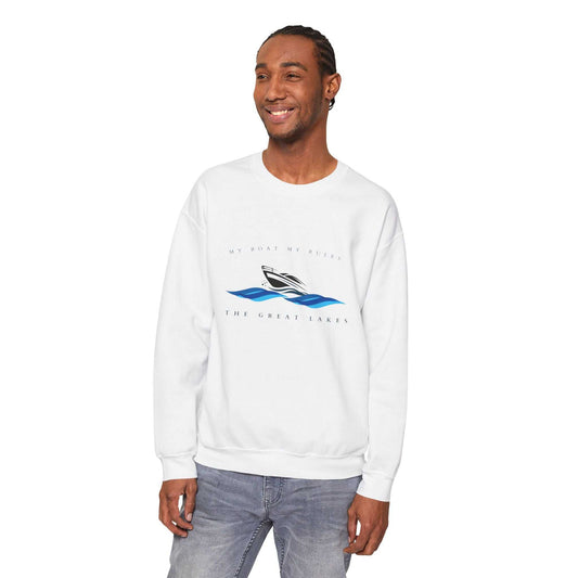 Unisex heavy blend crewneck sweatshirt, "My Boat-My Rules-The Great Lakes," classic fit, premium stitching.