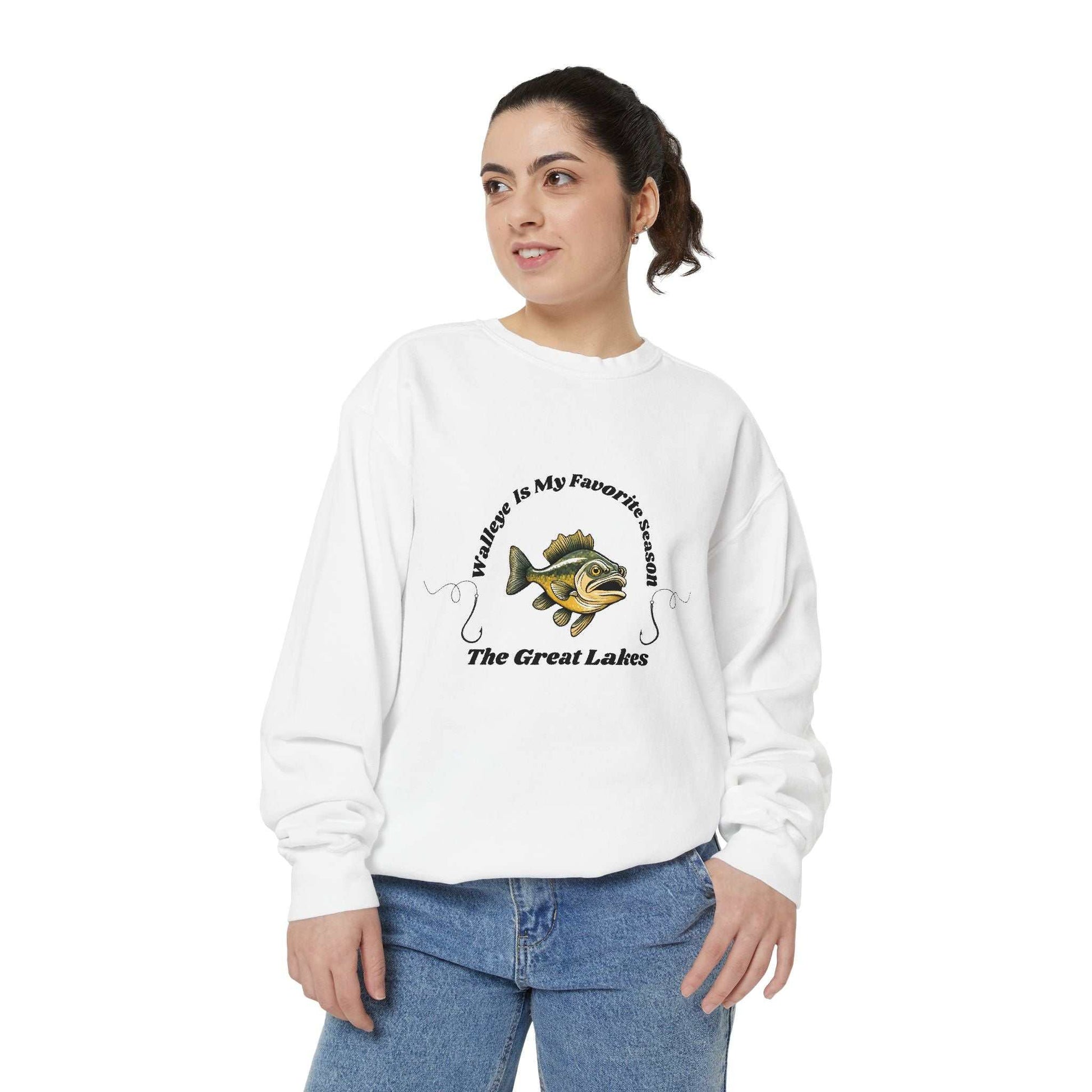 Luxurious unisex sweatshirt featuring Walleye design, perfect for Great Lakes enthusiasts and colder seasons.