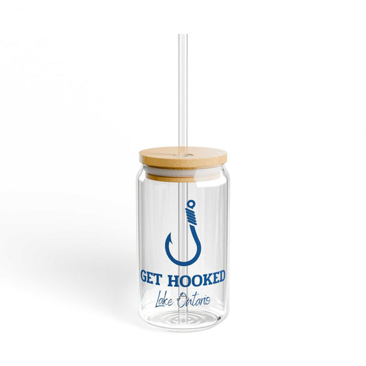 Hooked-Lake Ontario-Sipper Glass with lid and Tritan straw, 16oz, vibrant fishing design.