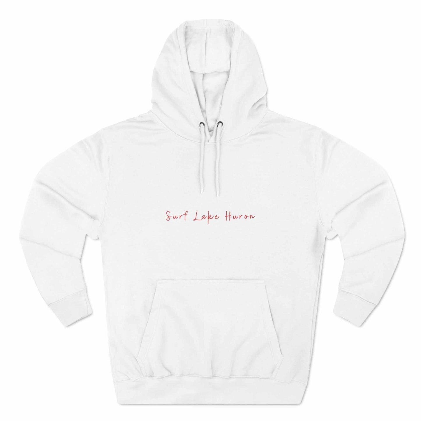 White Catch The Wave-Lake Huron fleece hoodie with "Surf Lake Huron" text.