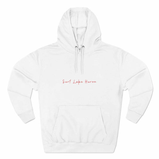 White Catch The Wave-Lake Huron fleece hoodie with "Surf Lake Huron" text.