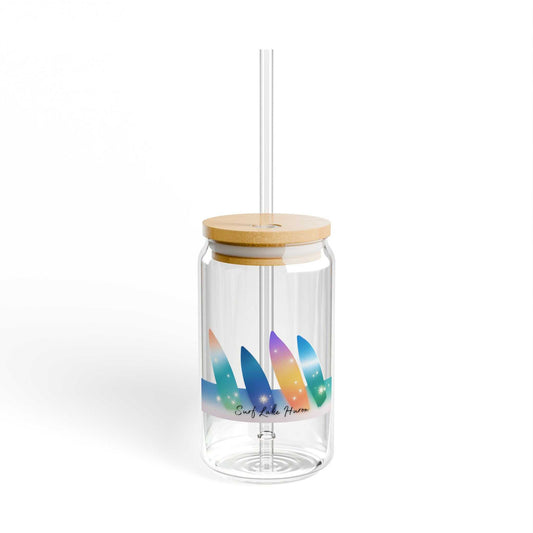 Colored Surfboards-Lake Huron sipper glass with vibrant design, lid, and straw.