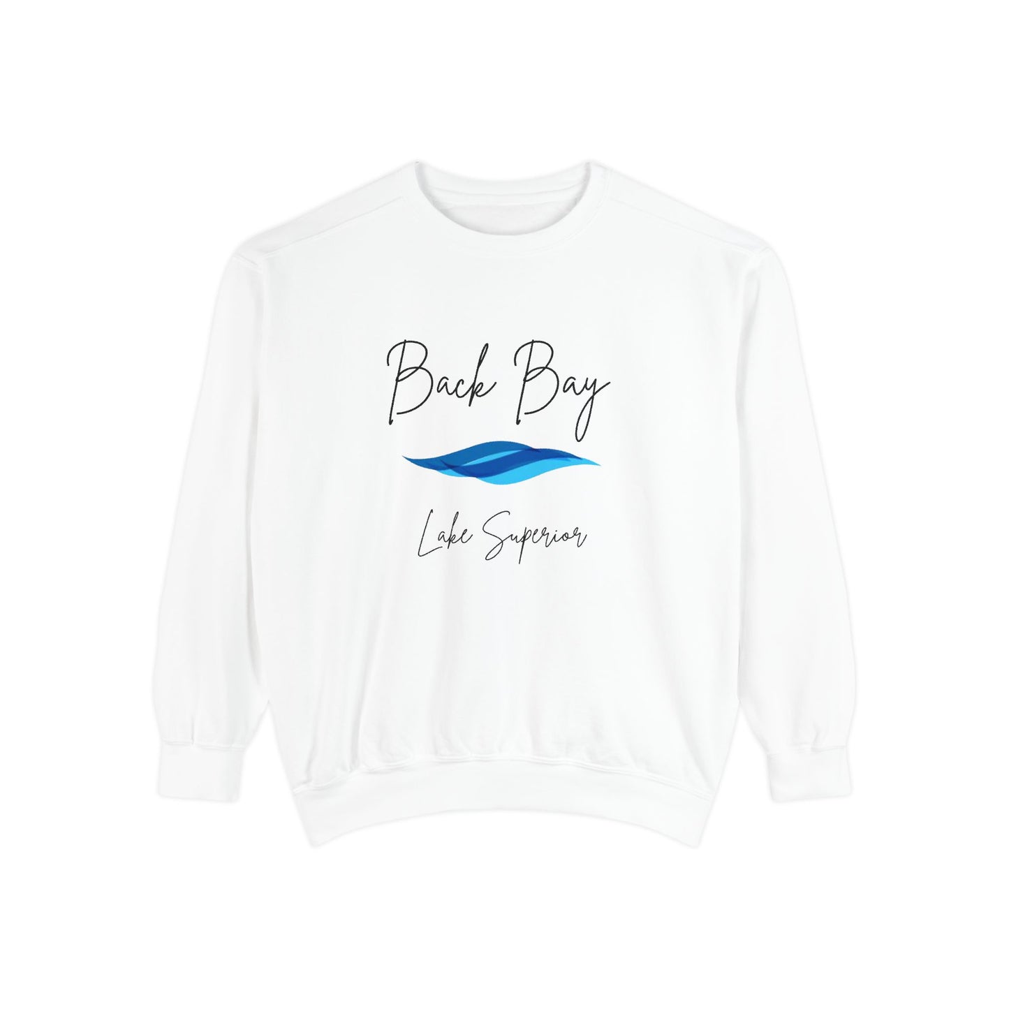 Aria's Back Bay-Lake Superior-Black Writing Cursive-Luxurious Unisex Sweatshirt