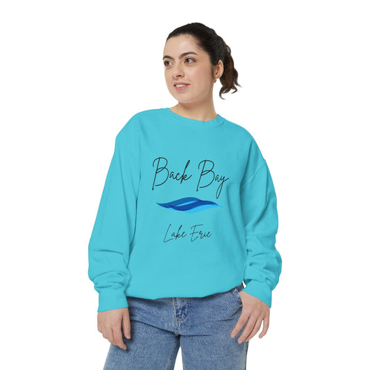 Aria's Back Bay-Lake Erie black writing unisex sweatshirt featuring wave design.