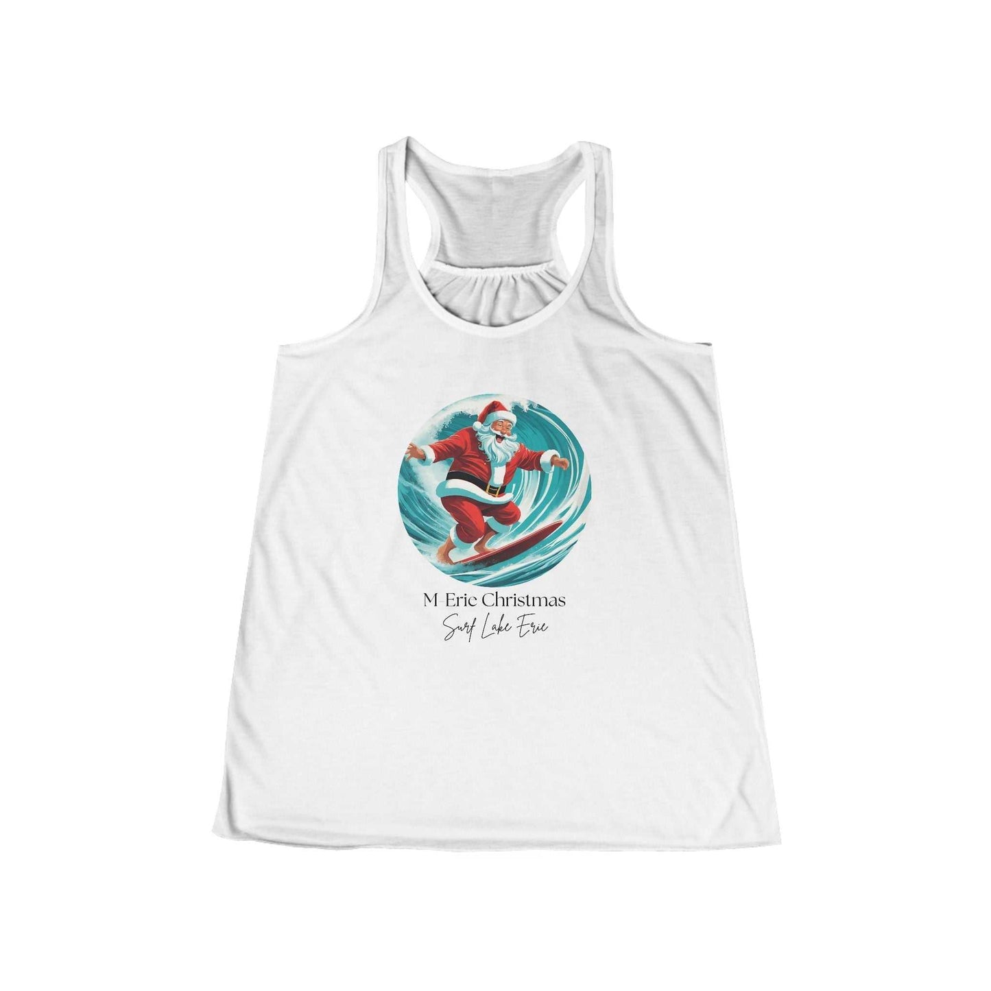 Women's flowy racerback tank with Surfing Santa design, perfect for festive style.