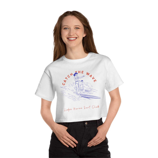 Women's Catch the Wave Lake Huron cropped T-shirt, featuring Champion Heritage logo, perfect for beach and casual summer style.