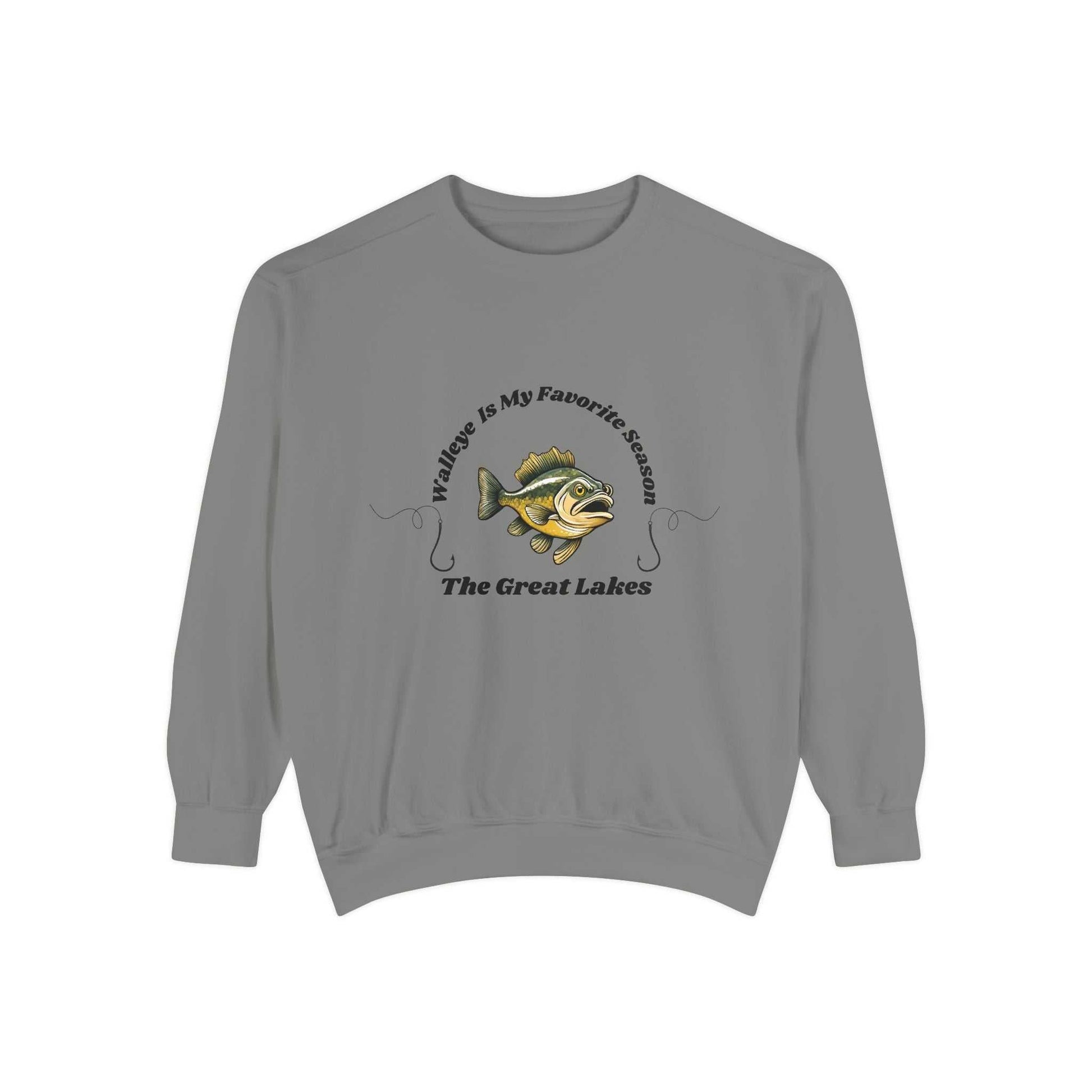 Luxurious unisex sweatshirt featuring "Walleye is my favorite season" design in Great Lakes style.