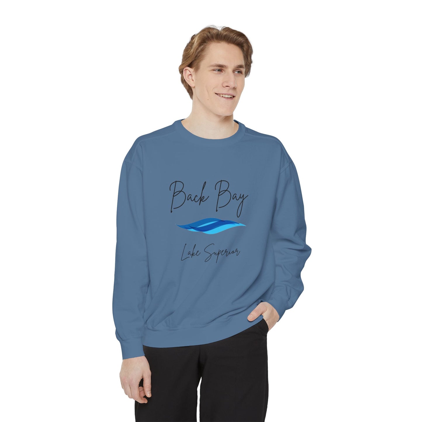 Aria's Back Bay-Lake Superior-Black Writing Cursive-Luxurious Unisex Sweatshirt