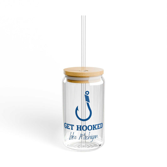 Hooked-Lake Michigan-Sipper Glass with lid and straw, featuring vibrant design on durable 16oz tempered glass.