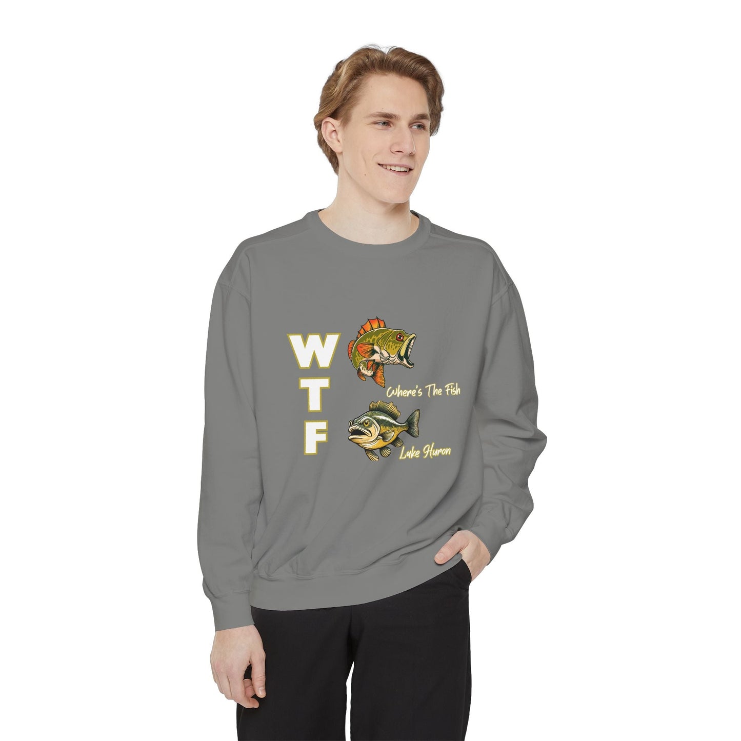 WTF-Lake Huron luxurious unisex sweatshirt with fish design, ideal for Great Lakes enthusiasts.