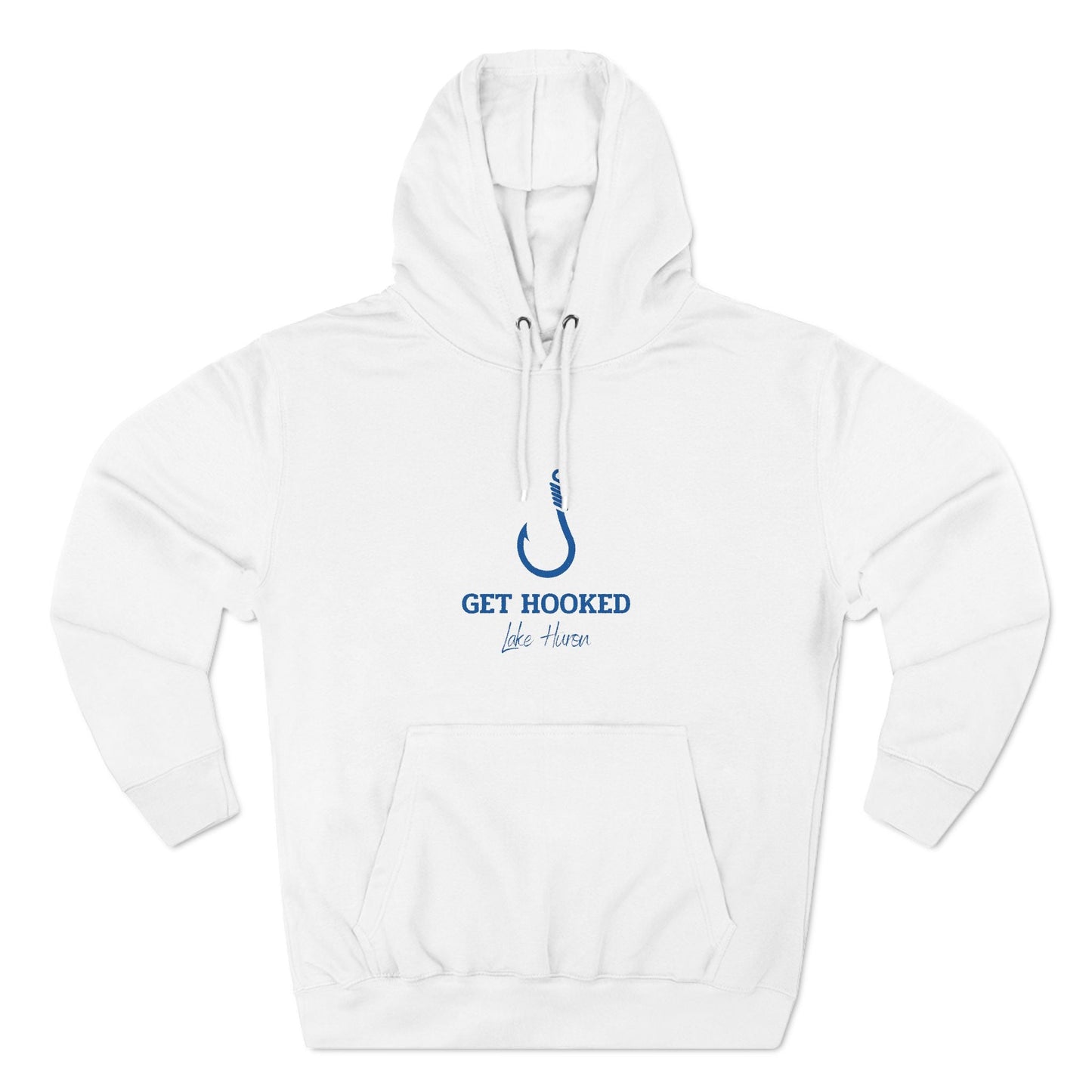 Get Hooked Lake Huron three-panel fleece hoodie in white with blue logo.