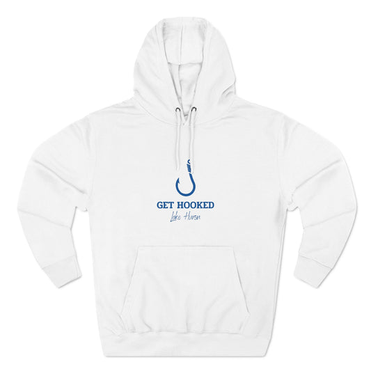 Three-panel fleece hoodie with "Get Hooked-Lake Huron" design, fishing-themed pullover.