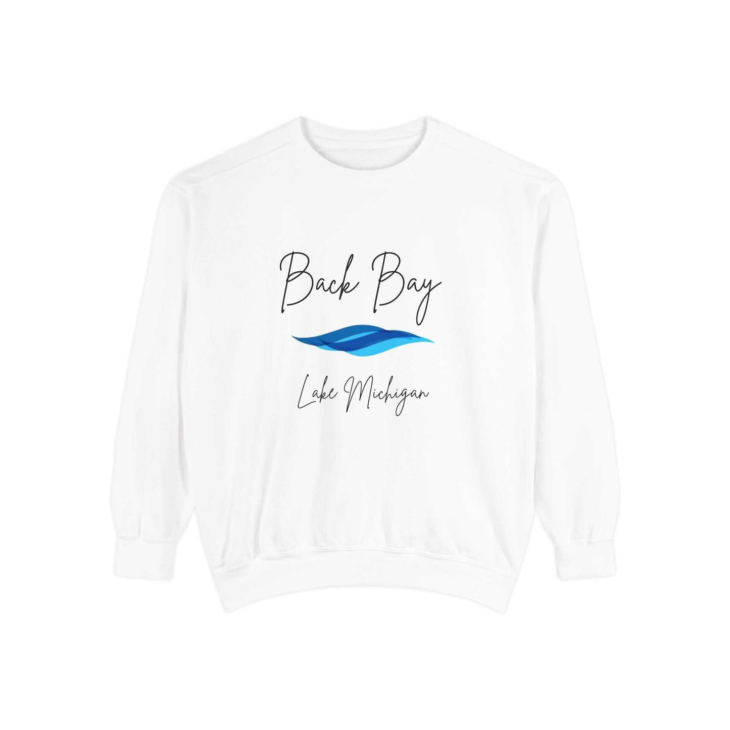 Aria's Back Bay-Lake Michigan-Black Writing Cursive-Luxurious Unisex Sweatshirt