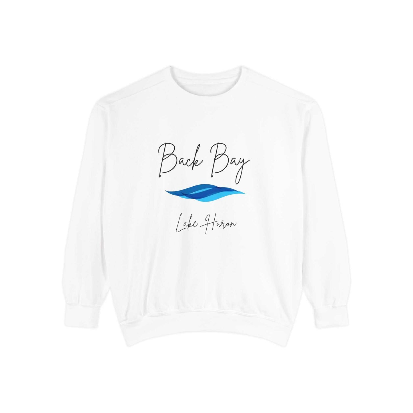 Aria's Back Bay-Lake Huron-Black Writing Cursive-Luxurious Unisex Sweatshirt