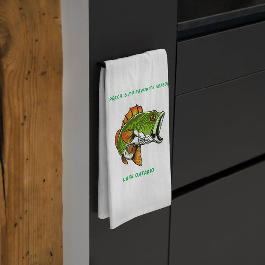 Lake Ontario perch design cotton tea towel hanging in kitchen.