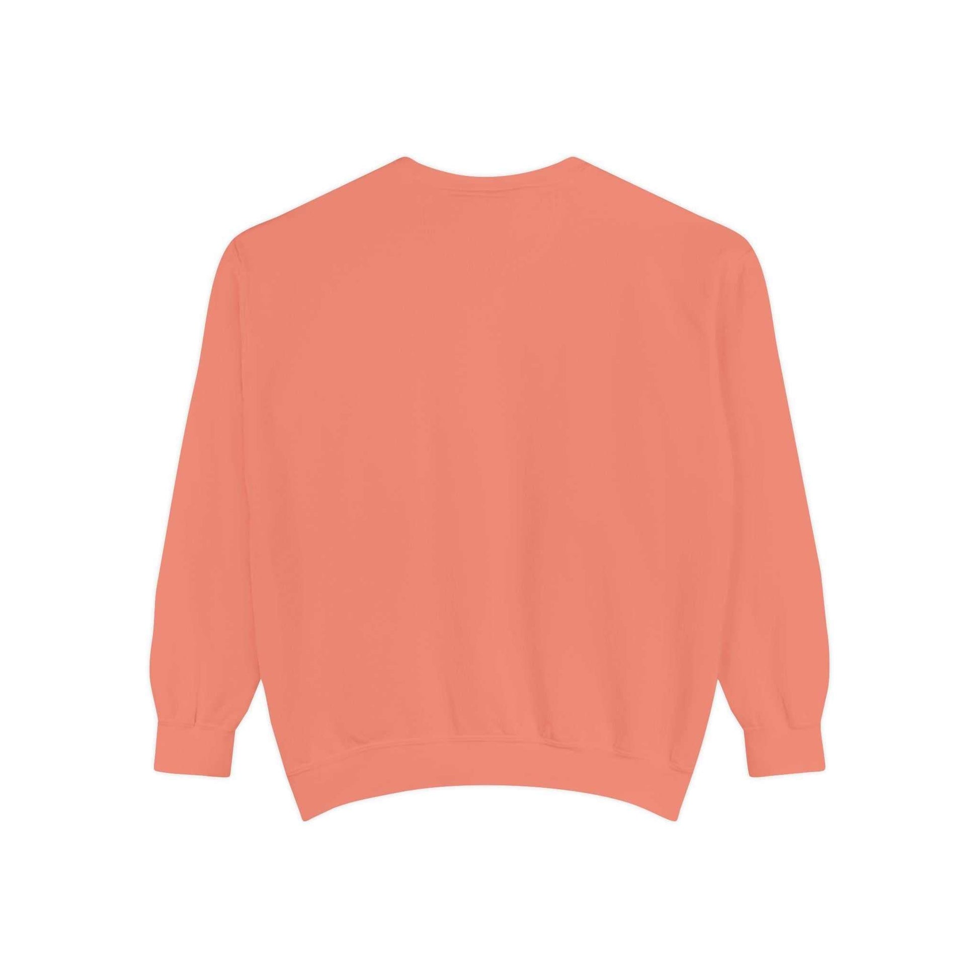 Luxurious unisex sweatshirt, favorite season Great Lakes style, coral color, back view.