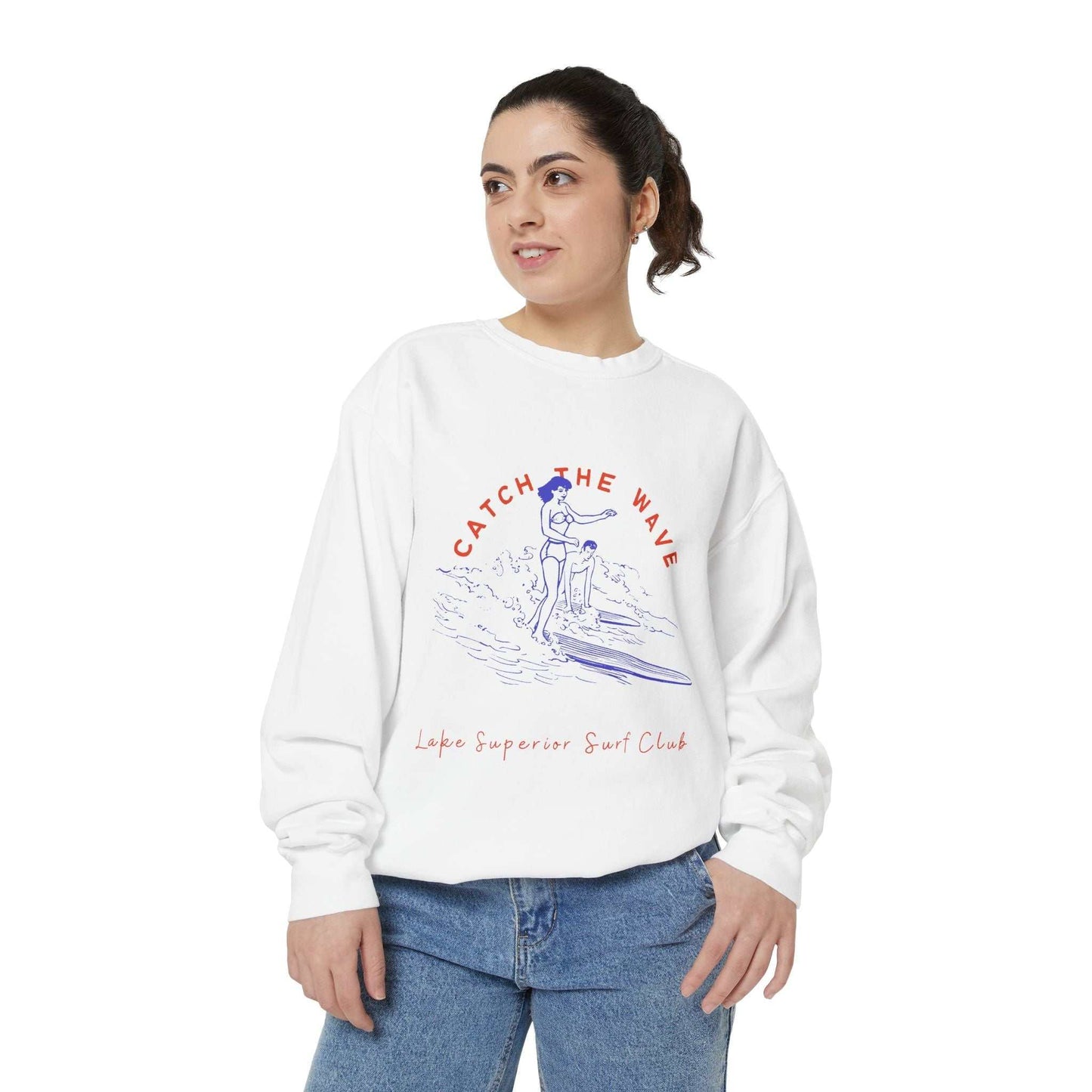 Unisex sweatshirt featuring "Catch The Wave" design for Lake Superior Surf Club, perfect for surf enthusiasts.