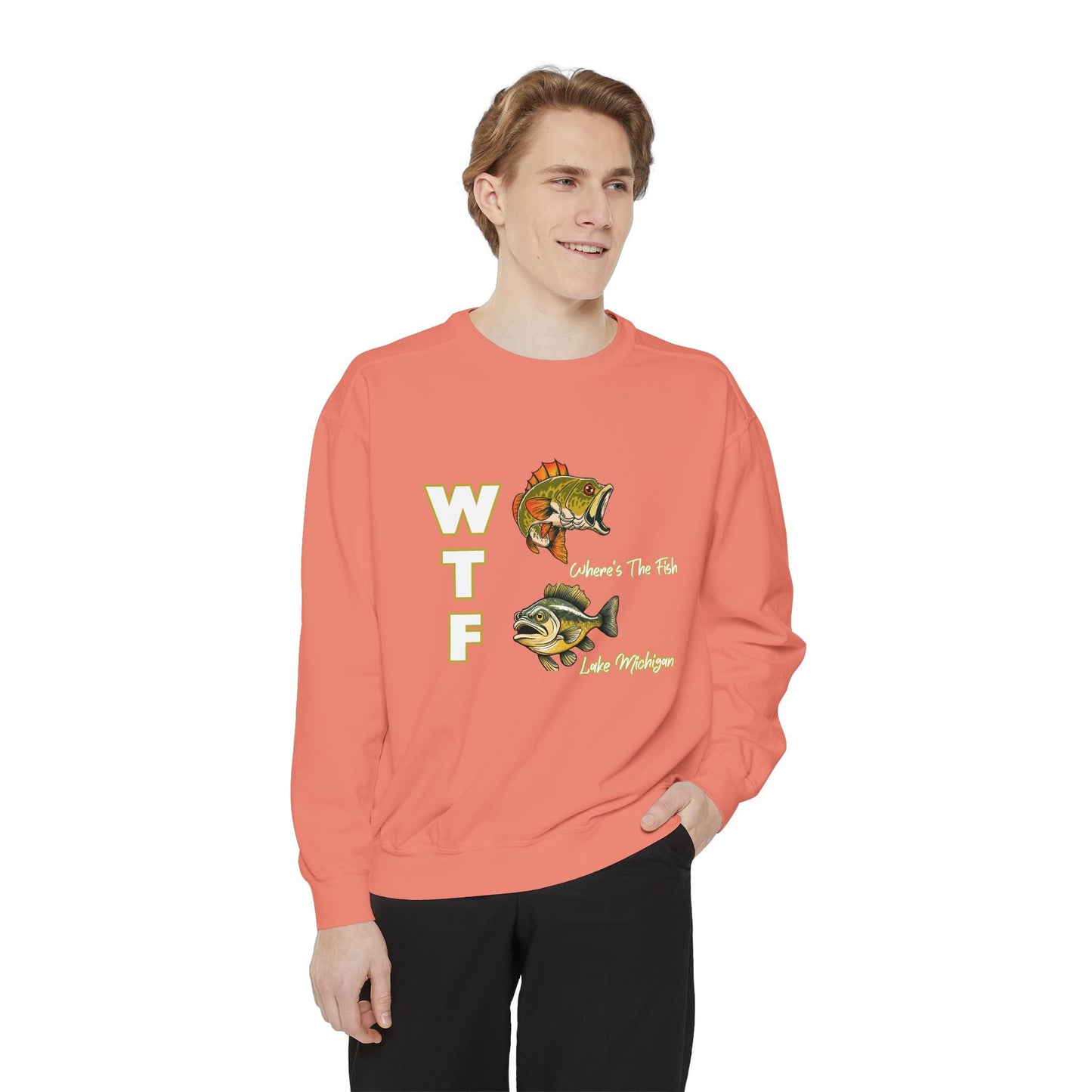 WTF-Lake Michigan-Luxurious Unisex Sweatshirt with fish graphics, coral color, comfortable medium-heavy fabric.