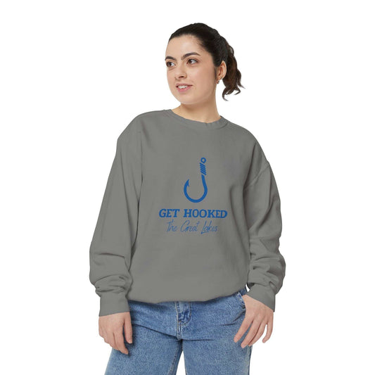 Luxurious unisex sweatshirt featuring Get Hooked design, ideal for Great Lakes fishing enthusiasts.