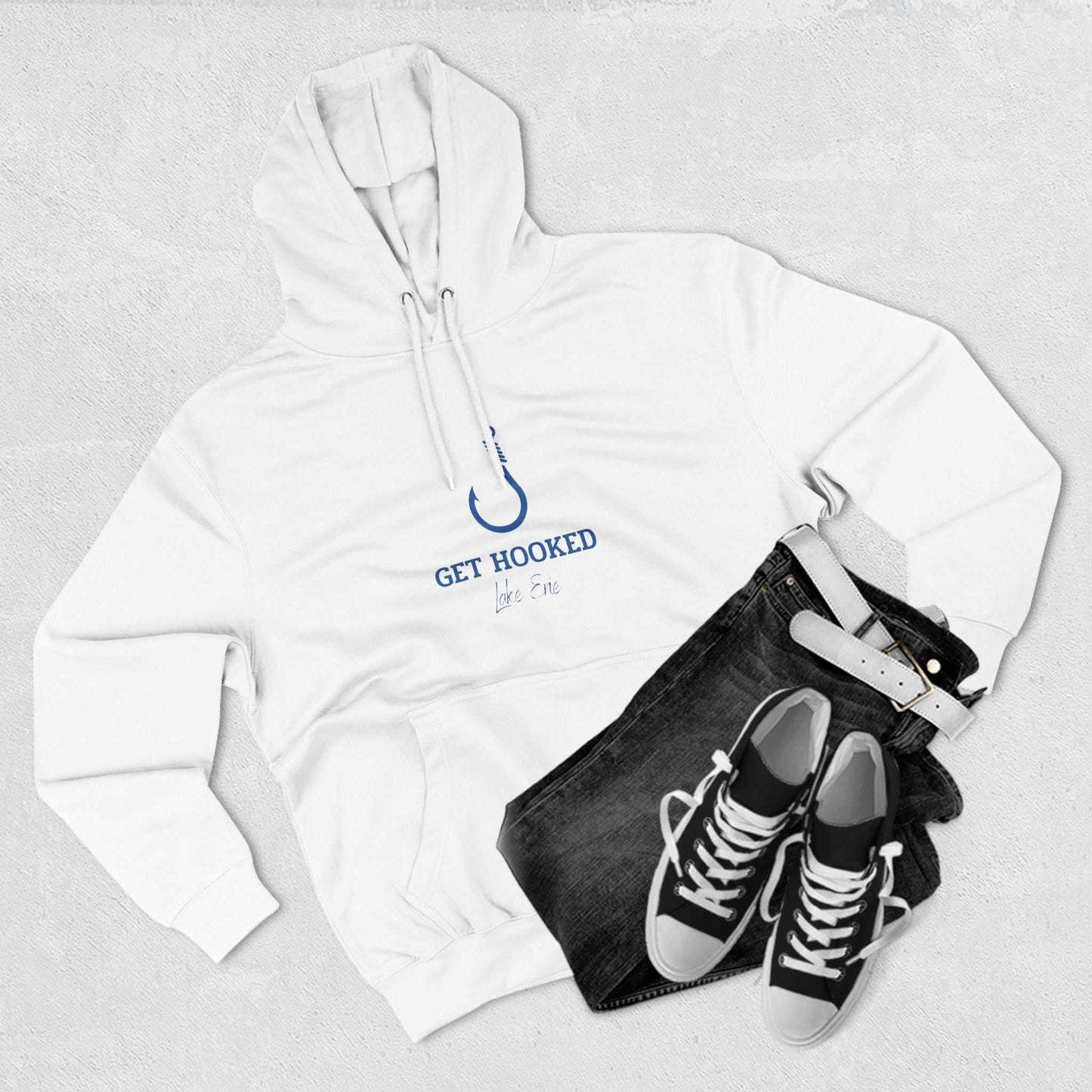 Get Hooked Lake Erie three-panel fleece hoodie in white, featuring premium cotton-poly blend for warmth.