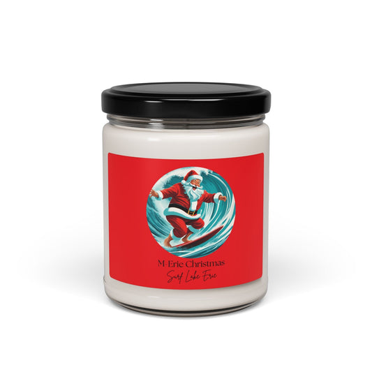 M-Erie Christmas scented soy candle, 9oz glass jar with Santa design.