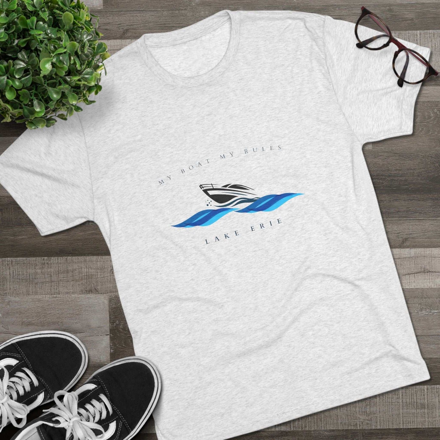 Unisex tri-blend crew tee with "My Boat My Rules" design, boat graphic, Lake Erie theme.