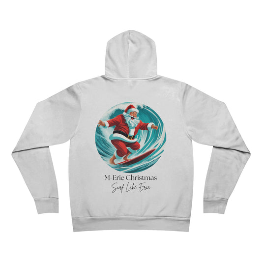 M-Erie Christmas-Unisex Sponge Fleece Pullover Hoodie featuring Surfing Santa design.