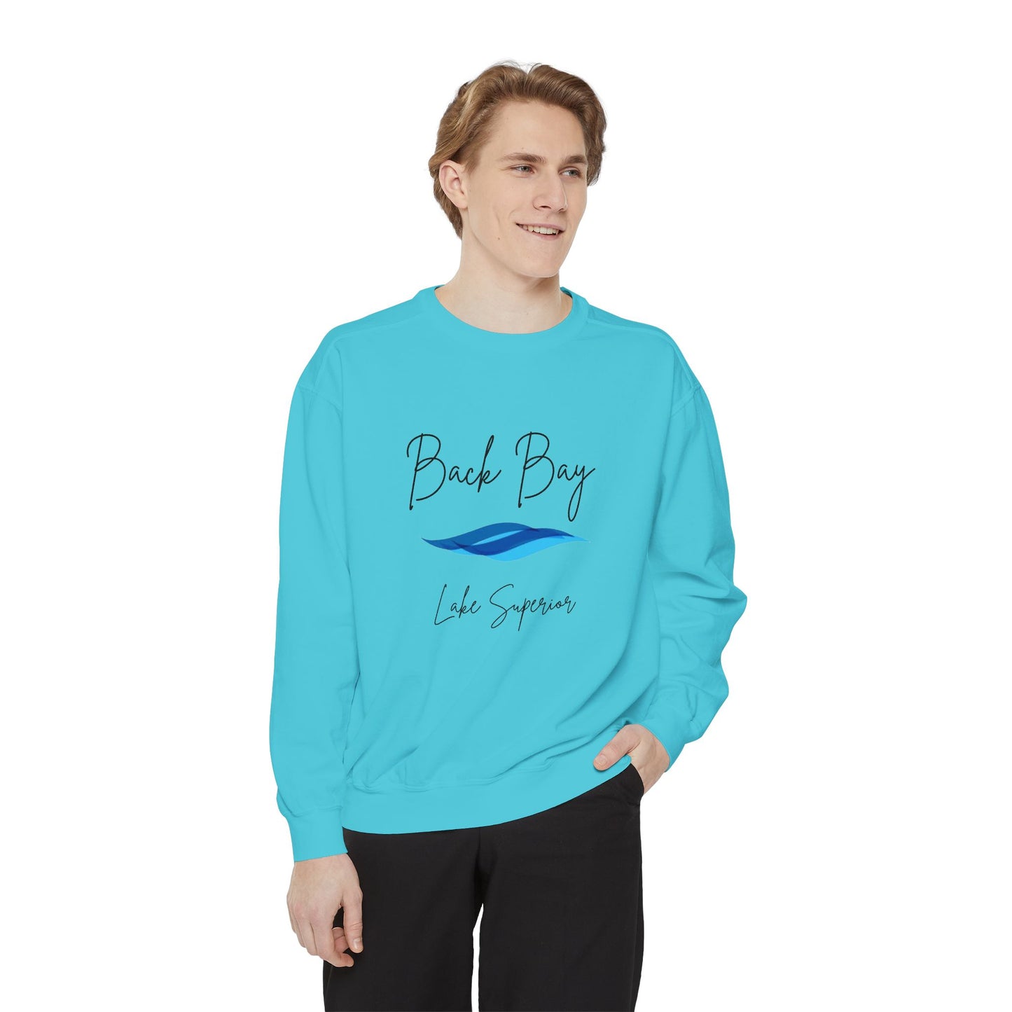 Aria's Back Bay-Lake Superior-Black Writing Cursive-Luxurious Unisex Sweatshirt