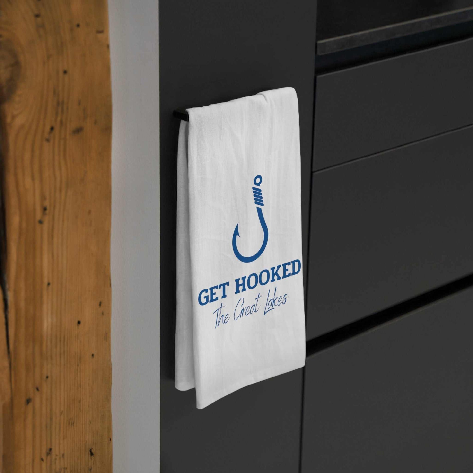 Great Lakes tea towel with "Get Hooked" design, 100% cotton kitchen decor.