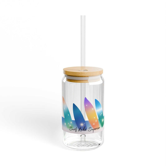 Colored Surfboards-Lake Superior sipper glass with lid and straw, vibrant surfboard design, 16oz clear tempered glass.