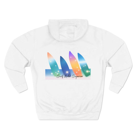 Colored surfboard design hoodie featuring Lake Superior theme, three-panel fleece, premium pullover.