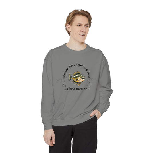 Luxurious unisex sweatshirt featuring "Walleye is my favorite season" design, ideal for Great Lakes enthusiasts.