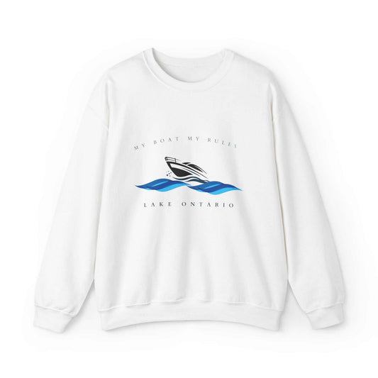 Unisex Lake Ontario boat-themed crewneck sweatshirt with a "My Boat-My Rules" design.