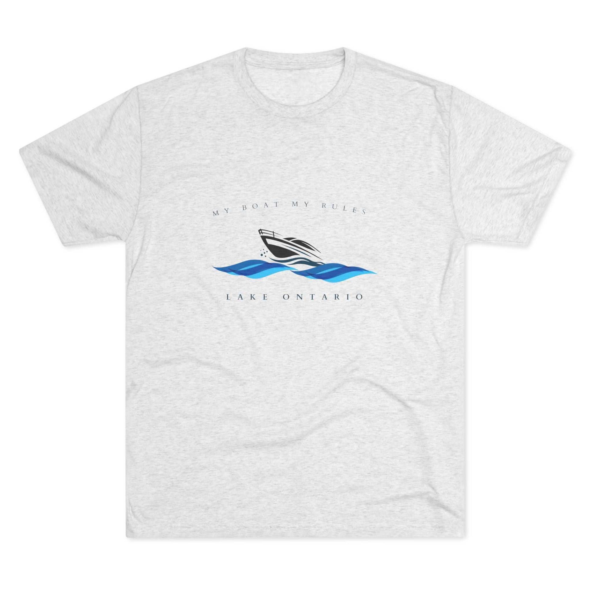 Unisex tri-blend crew tee with "My Boat My Rules" design, featuring Lake Ontario motif.