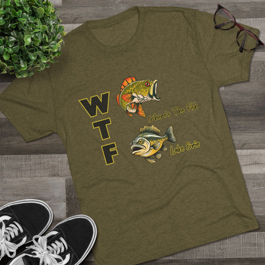 WTF-Erie-Unisex Tri-Blend Crew Tee featuring Great Lakes fish design, soft tri-blend fabric.