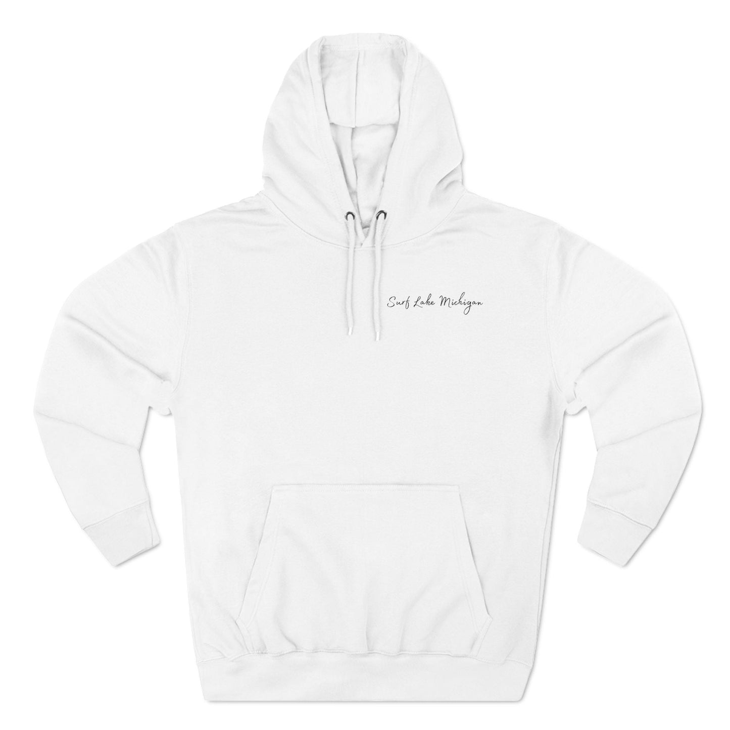 Colored surfboard hoodie featuring "Surf Lake Michigan" design, three-panel fleece lining, white color.