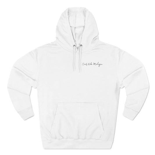 Colored surfboard hoodie featuring "Surf Lake Michigan" design, three-panel fleece lining, white color.