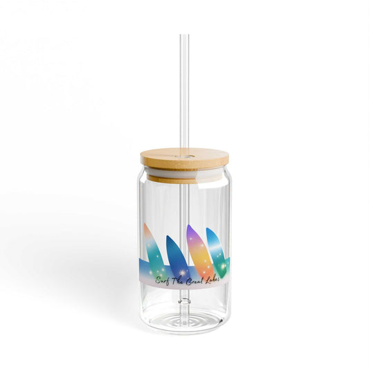 16oz sipper glass with colored surfboard design, lid, and straw option, featuring vibrant Great Lakes theme.