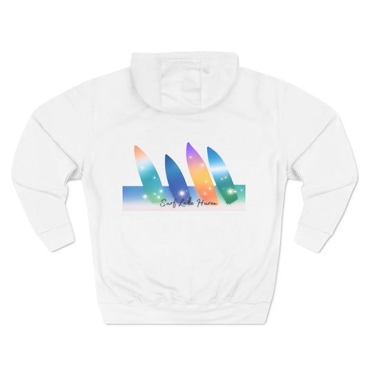 Colored surfboard design on three-panel fleece hoodie labeled "Surf Lake Huron".