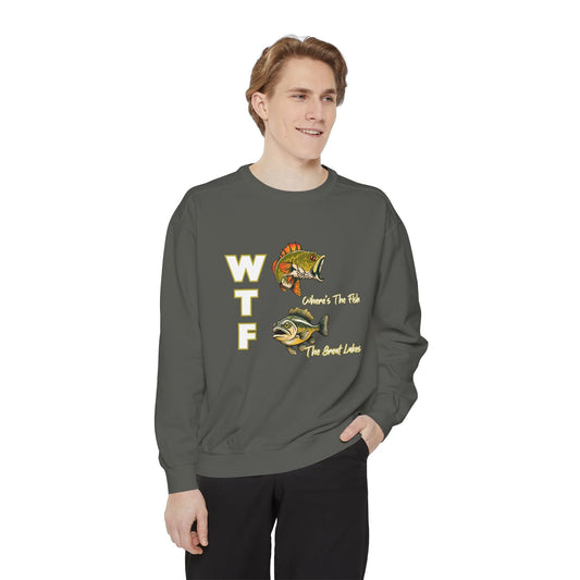 Luxurious unisex sweatshirt featuring WTF Great Lakes fish design, ideal for casual wear.