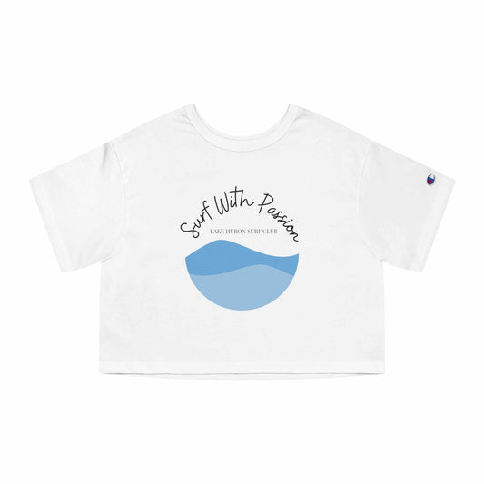 Women's cropped t-shirt with "Surf With Passion" design, featuring Lake Huron graphic, ideal for beach activities.