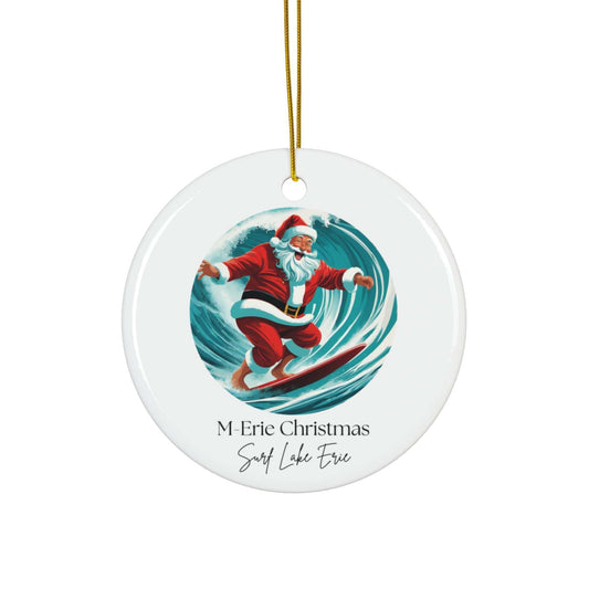 M-Erie Christmas ceramic ornament with Santa surfing, Lake Erie design.