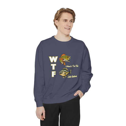 WTF-Lake Ontario-Luxurious Unisex Sweatshirt, blue, with fish graphic and text design, ideal for Great Lakes enthusiasts.