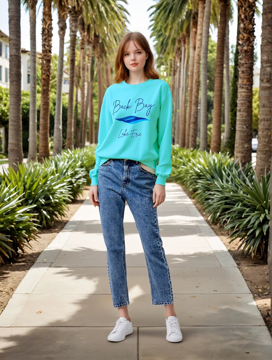 Aria's Back Bay-Lake Erie-Blue Writing Cursive-Luxurious Unisex Sweatshirt